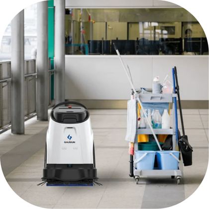 Autonomous floor-care robot working in a commercial building